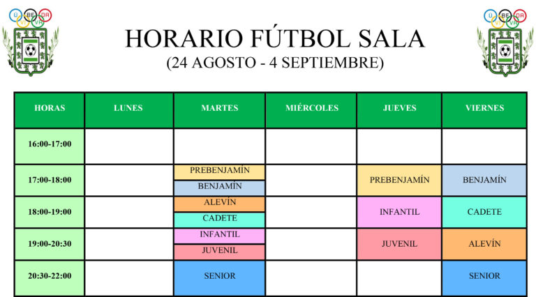 Horarios de entrenamientos y realización de pruebas de fútbol sala (del 23 agosto al 5 septiembre)