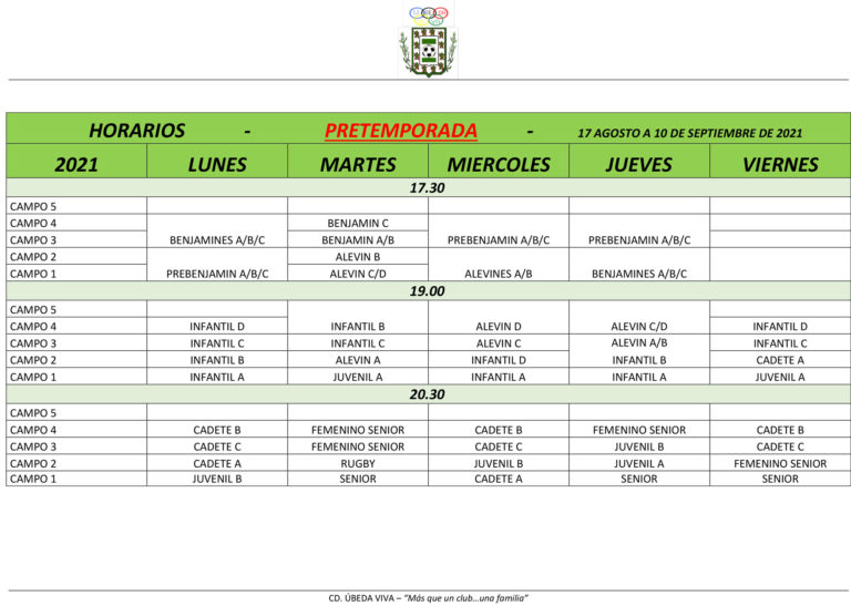 Horarios de entrenamientos de pretemporada – fútbol (17 agosto a 10 septiembre)