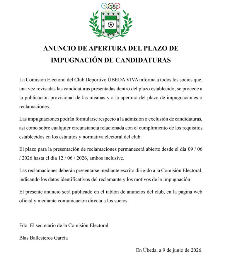 Anuncio de apertura del plazo de impugnación de candidaturas